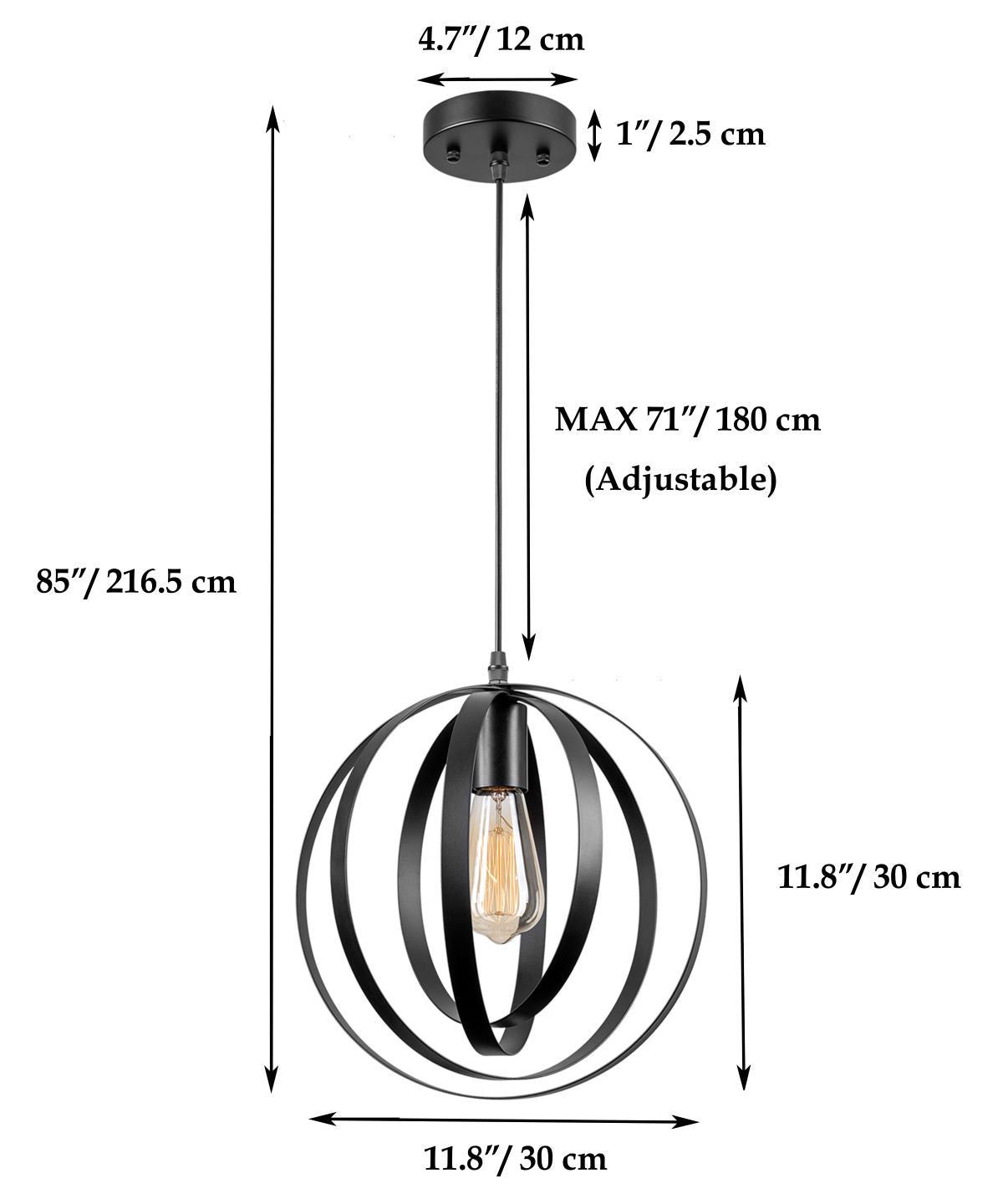 Anton Industrial Pendant Hanging Light Globe, Black/Gold, GH33B/GH33G