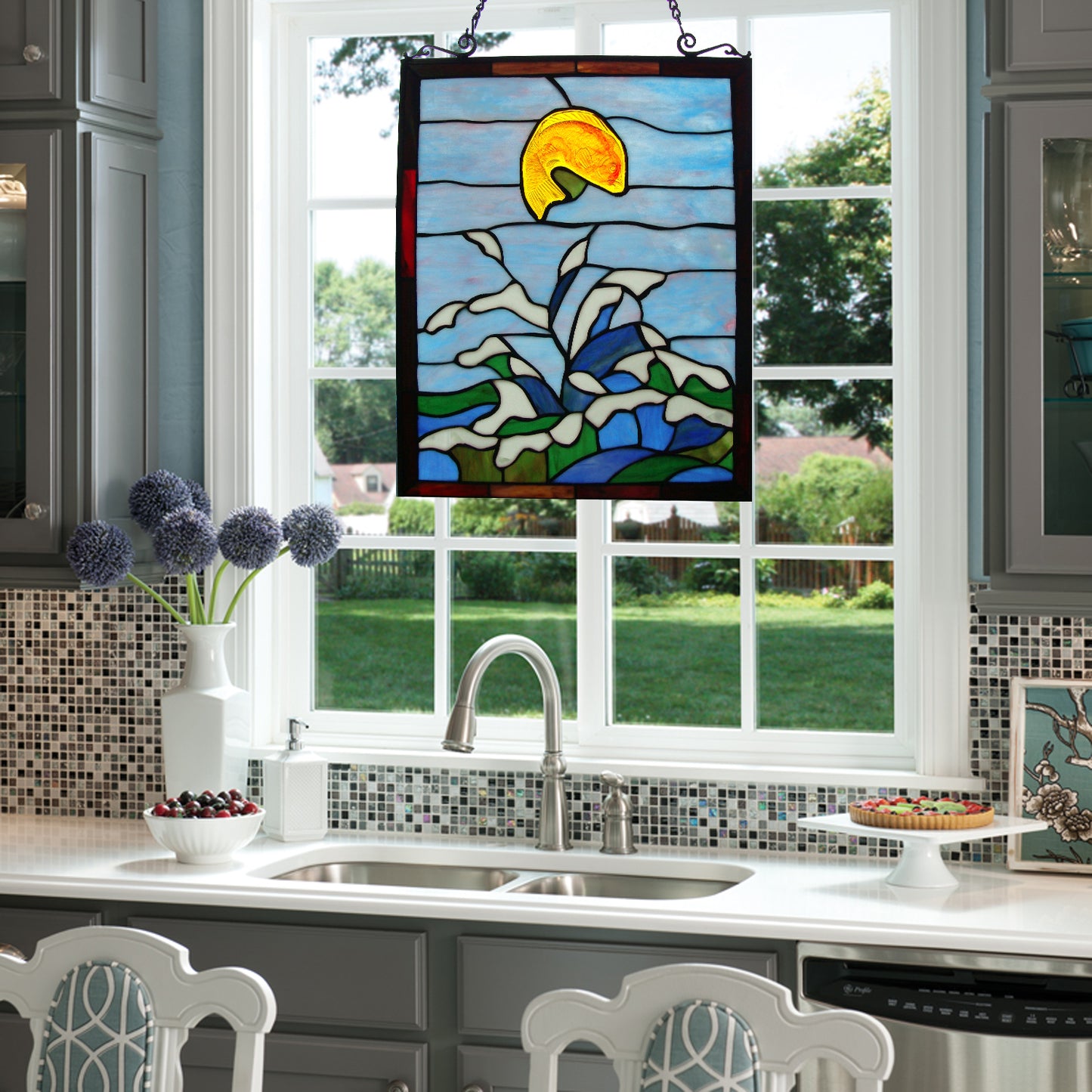 Jumping Angelfish Tiffany Style Hanging Window Panel, P106