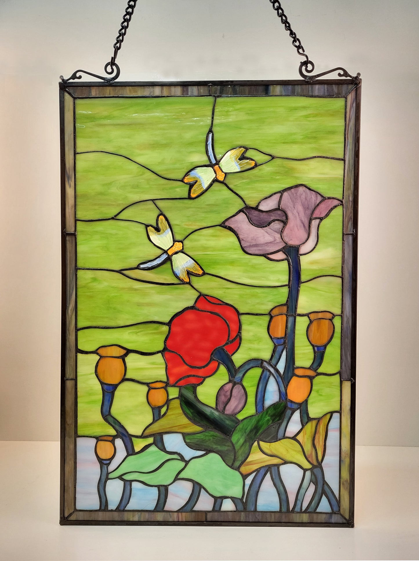 Tulip & Dragonflies Stained Glass Window Panel, P110