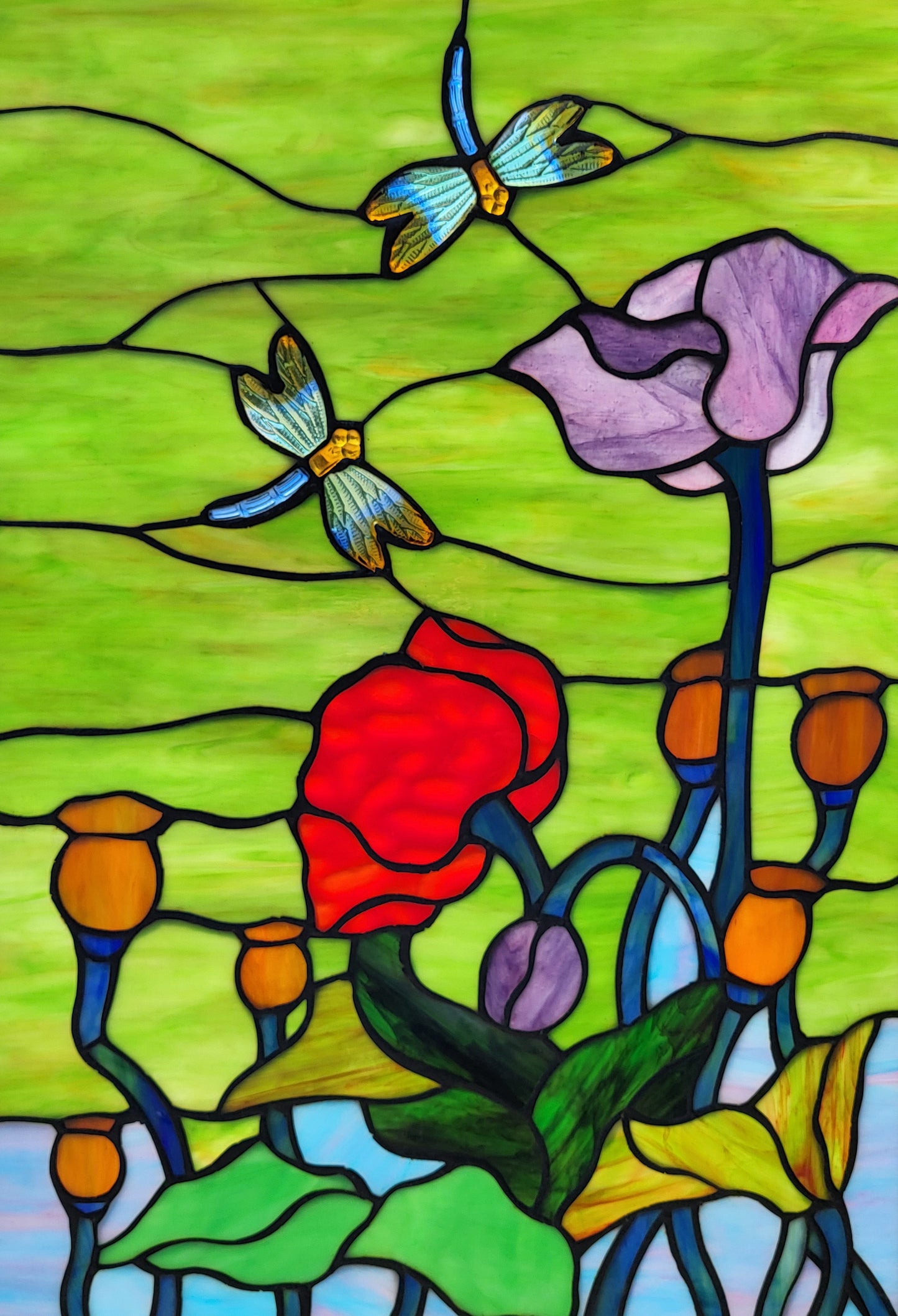 Tulip & Dragonflies Stained Glass Window Panel, P110