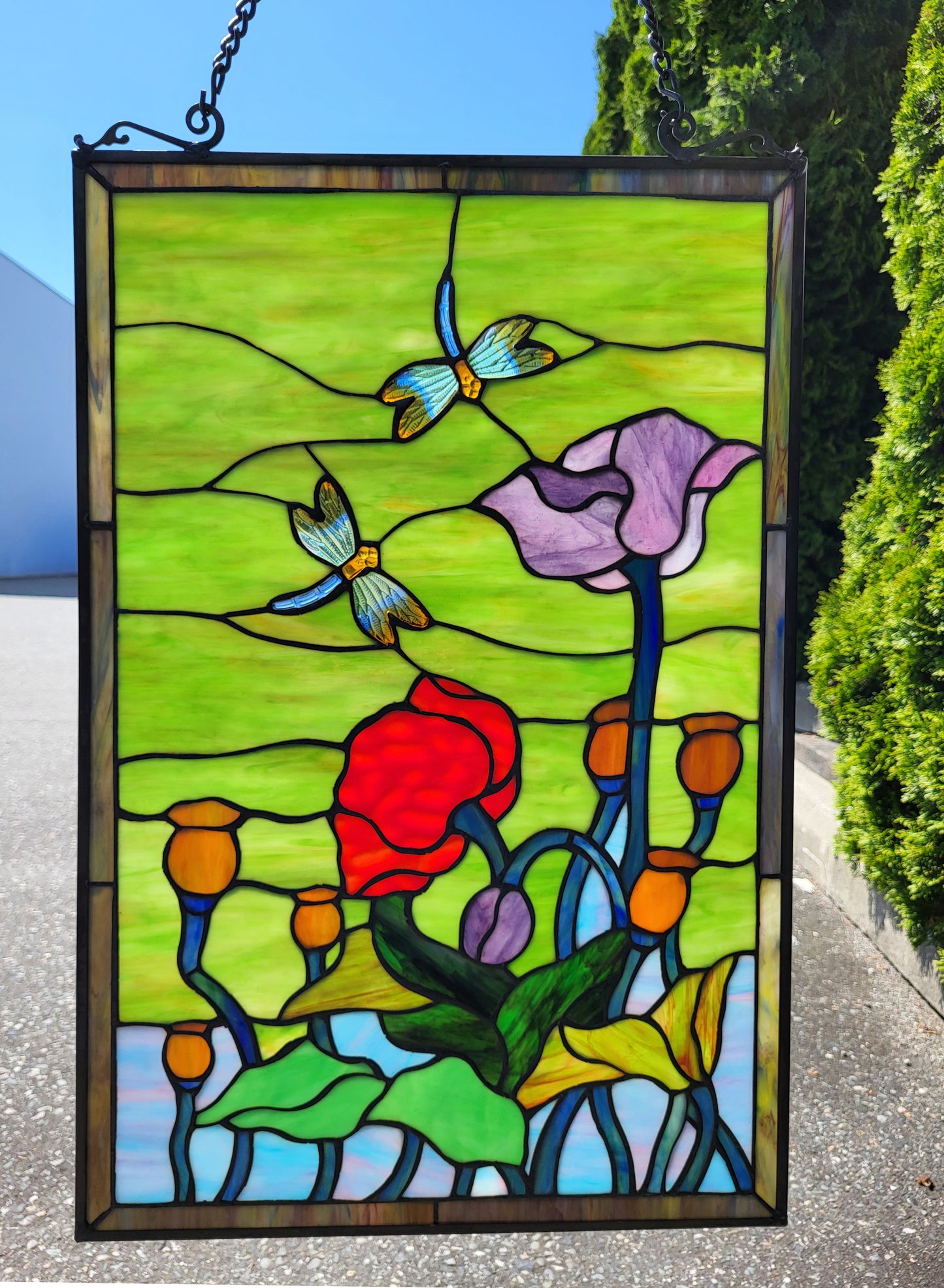 Tulip & Dragonflies Stained Glass Window Panel, P110