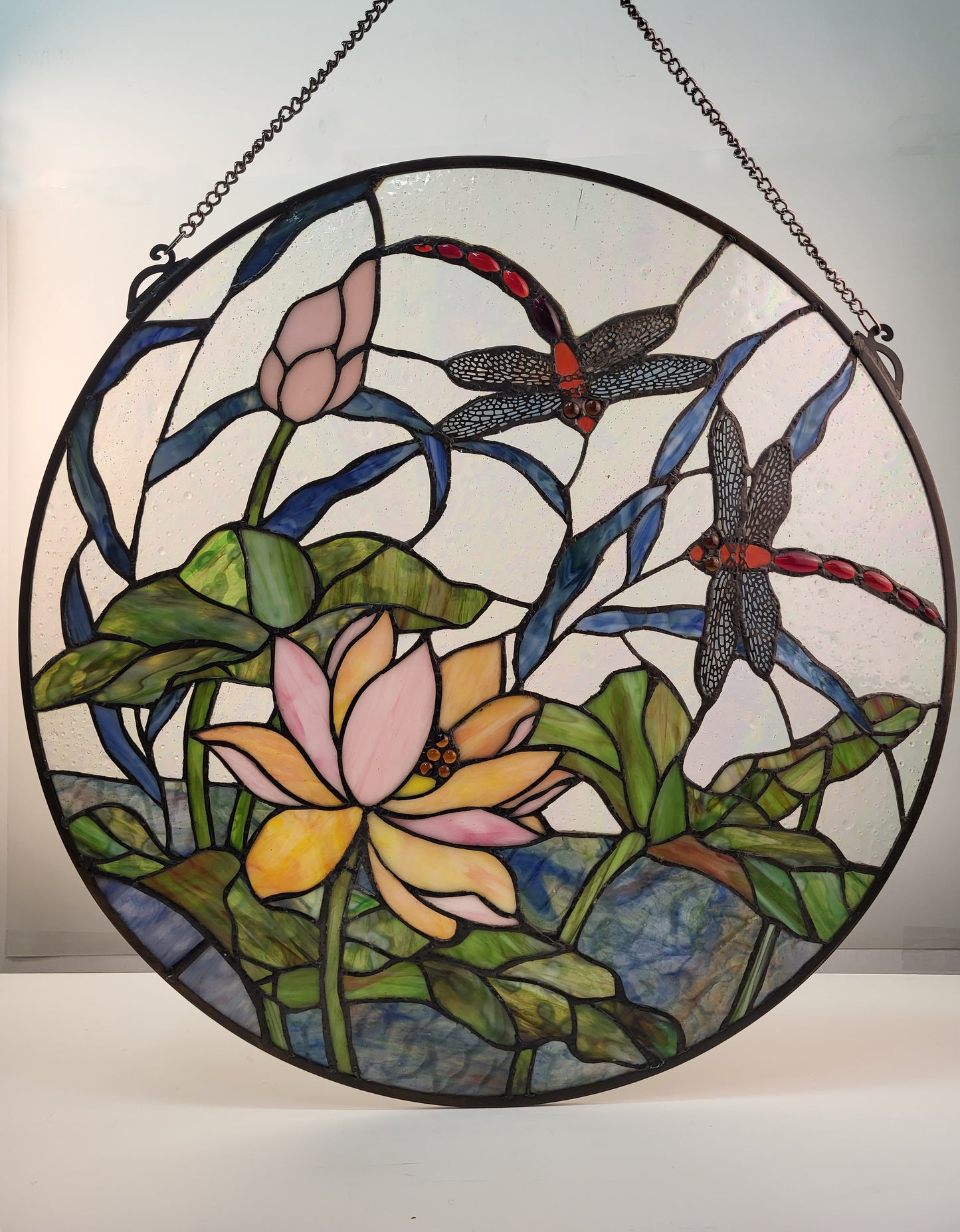 Dragonfly & Lotus Stained Glass Window Panel, P244