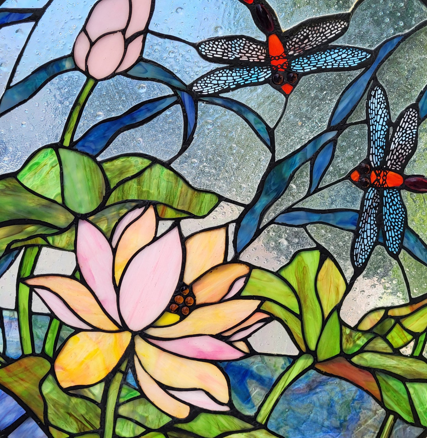 Dragonfly & Lotus Stained Glass Window Panel, P244