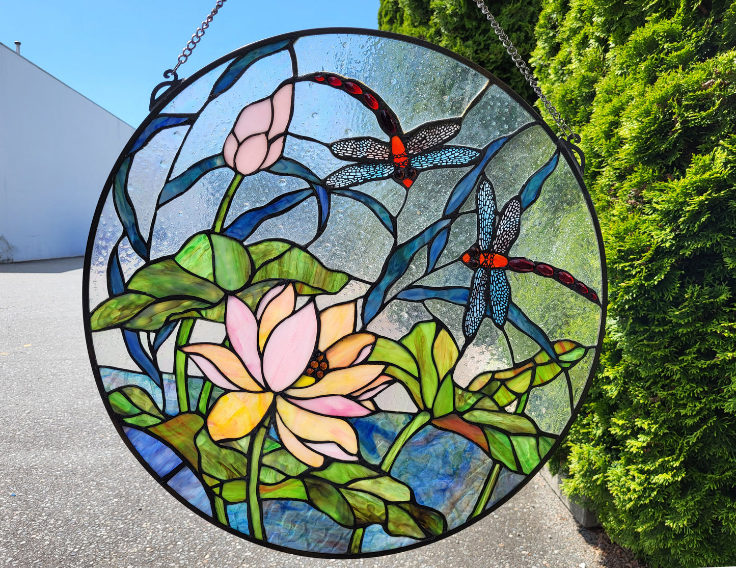 Dragonfly & Lotus Stained Glass Window Panel, P244