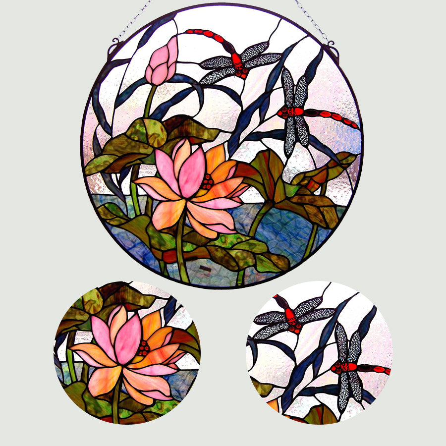 Dragonfly & Lotus Stained Glass Window Panel, P244